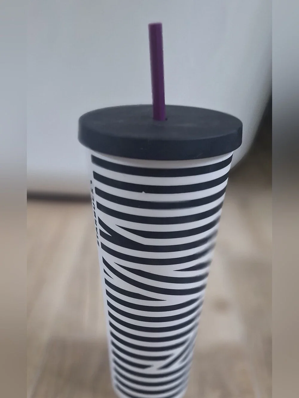 Starbucks Black & White Striped Tumbler with Purple Straw